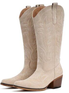 🆕 Suede Cowboy Boots For Women Western Mid Calf Cowgirl Boots With - Camel